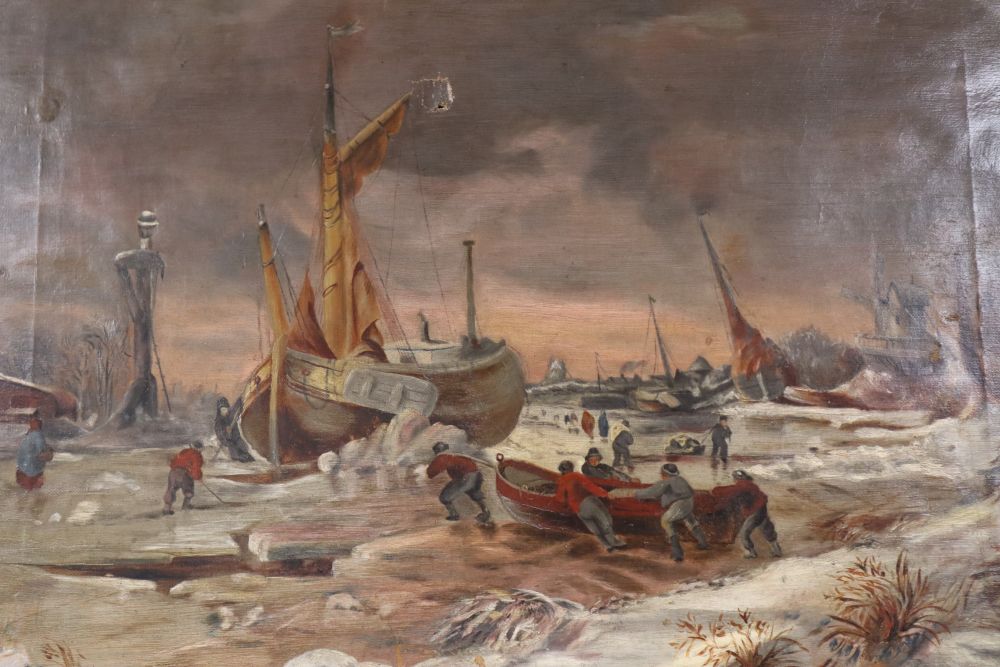 19th century English School, oil on canvas, Estuary scene in winter, 37 x 49cm